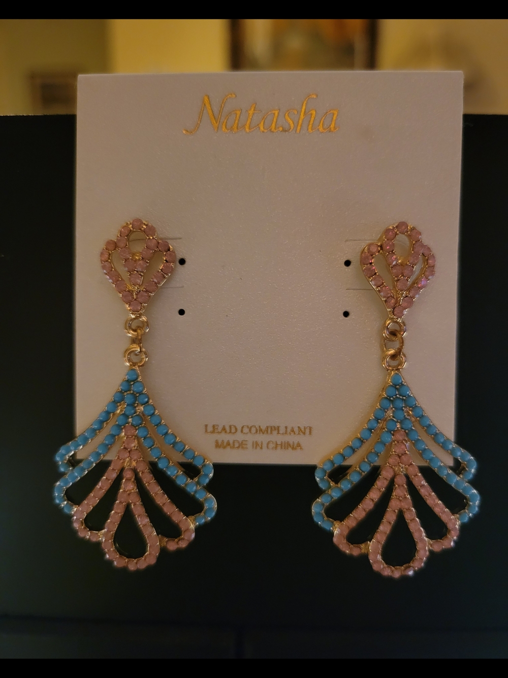 Natasha Pink & Turquoise Fan-Shaped Rhinestone Dangle Earrings